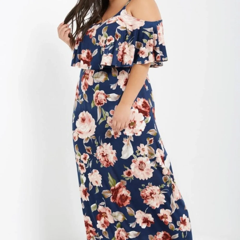 NWT Fall Floral Cold Shoulder Ruffle Maxi Dress - Picture 1 of 3